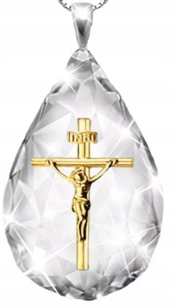 Krzyż INRI Gold Łezka Kryształ Jezus Chrystus Bóg zdjęcie 1