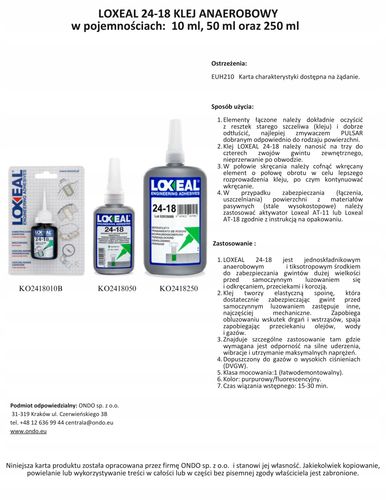 KLEJ DO GWINTÓW ŚRUB NAKRĘTEK LOXEAL 24-18 ŁATWO DEMONTOWALNY 50 ml na Arena.pl