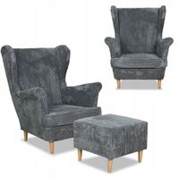 Fotel uszak Bonito podnóżkiem skandynawski sztruks szary