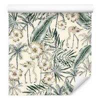 Tapeta liście palmy flamingi kwiaty do sypialni