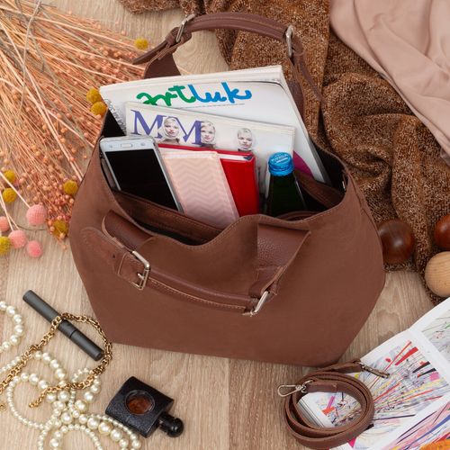 VERA PELLE torebka damska zamszowa shopper duża z paskiem V680 brązowa na Arena.pl