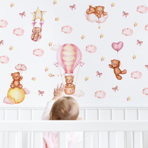 Naklejki Dziecięce Misie Chmury Balony Gwiazdy Kokardki ZESTAW 120cm x 60cm na Arena.pl
