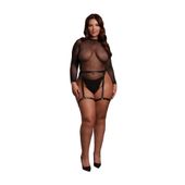 shimmering open-back bodysuit with pu leather garters - plus size