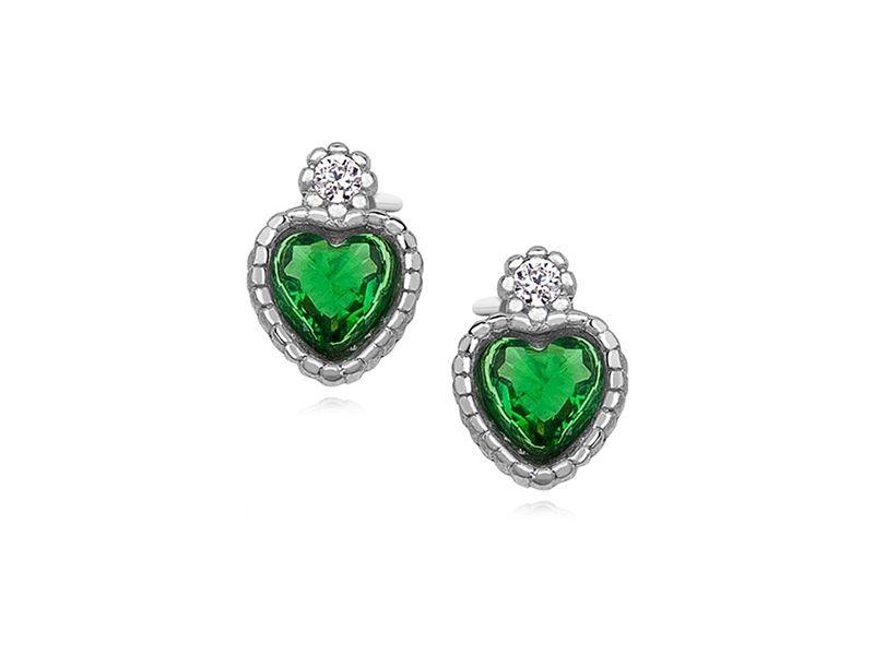 RODOWANE SREBRNE KOLCZYKI SERCE SZMARAGD CYRKONIE zdjęcie 1