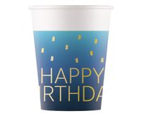 Kubeczki papierowe niebieskie Happy Birthday, 8 szt.