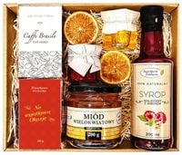 KOSZ ZESTAW PREZENTOWY PREZENT UPOMINEK HERBATA KAWA SYROP MALINOWY MIÓD