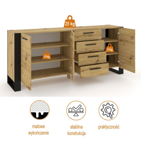 Komoda NUKA K 197 cm 4 szuflady dąb artisan czarna zdjęcie 2