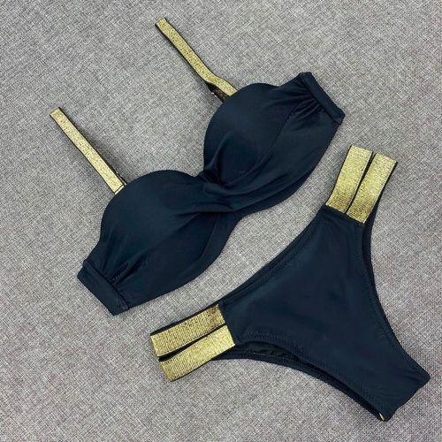 STRÓJ KĄPIELOWY CZARNY ZŁOTE PASY PUSH UP M 38 na Arena.pl