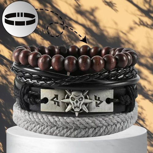 Zestaw męskich bransoletek skórzanych z koralikami i czaszką na Arena.pl