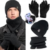CIEPŁY KOMPLET męski CZAPKA + KOMIN + RĘKAWICZKI DOTYKOWE zimowy PL CZARNY