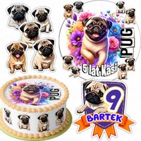 ZESTAW OPŁATEK NA TORT 20CM + 16 POSTACI - PSY Mops Pug + IMIĘ 15CM 18CM