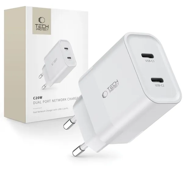 Ładowarka Tech-Protect C20W sieciowa 2x USB-C PD 20W - biała zdjęcie 1