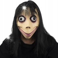 STRASZNA MASKA MOMO NA HALLOWEEN IMPREZE LATEKSOWA WŁOSY CREEPY HORROR DUŻA