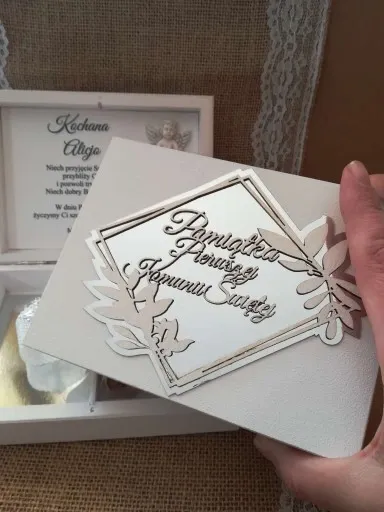 Pudełko na pieniądze prezent Pamiątka I Komunii chrzestnej dziadków aniołek zdjęcie 2