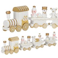 Drewniany pociąg z wagonikami, dekoracja, ozdoba świąteczna, wystrój wnętrz biało-złoty