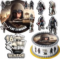 ZESTAW OPŁATEK NA TORT 20CM + 17 POSTACI - ASSASSIN + IMIĘ 15CM 18CM