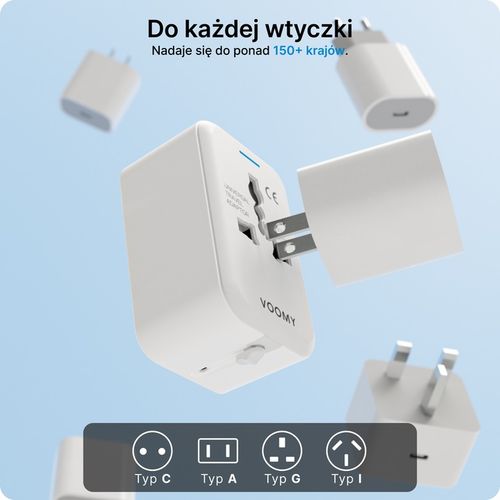 Voomy 20W Uniwersalna Wtyczka Światowa - 150+ krajów - USB-C & USB-A Biała na Arena.pl