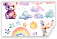 Fototapeta PREMIUM STRUKTURA ZMYWALANA tapeta akwarelowy dziecięcy miś lis
