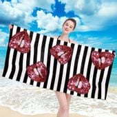Ręcznik plażowy 100x180 biały czarny paski czerwone usta