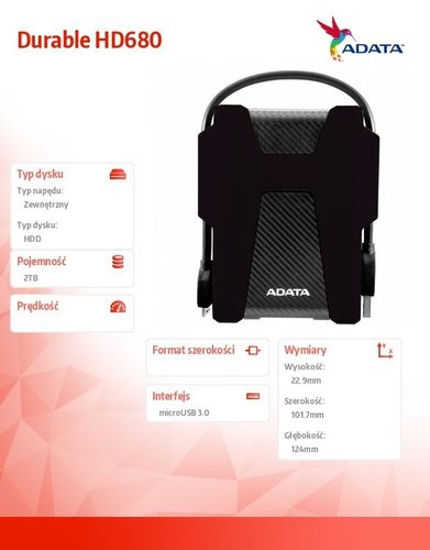 Adata Dysk twardy Durable HD680 2TB microUSB3.0 Black na Arena.pl