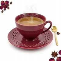 FILIŻANKA ZE SPODKIEM DO KAWY HERBATY CERAMICZNA RÓŻOWA 260ml ZESTAW KAWOWY