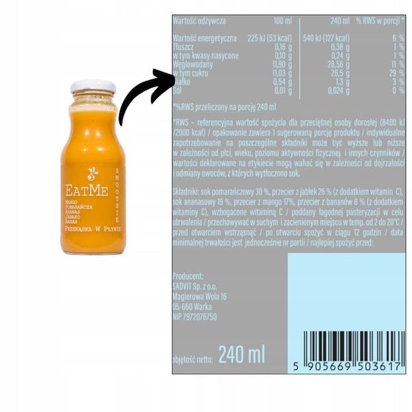 Mus owocowy smoothie mango banan pomarańcza 6x240ml przekąska bez cukru zdjęcie 2