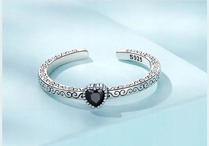 Pierścionek Czarne Serce srebro regulowany s925 +pudełko zdjęcie 3