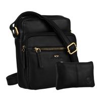 skórzana torebka męska w czarnym kolorze zawieszona na pasku. w zestawie