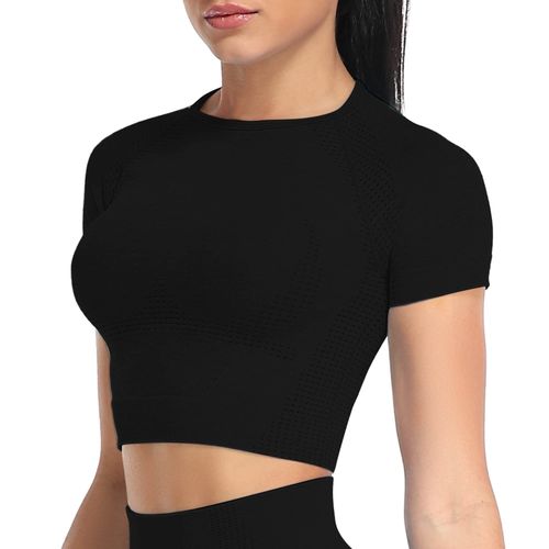 Damski Crop Top Sportowy do Jogi Modelujący Czarny M Bezszwowy Kompresyjny na Arena.pl