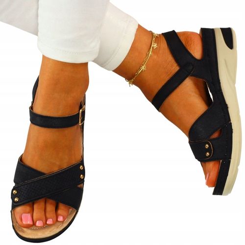 SANDAŁY DAMSKIE CZARNE PROFILOWANE SZYTE SKÓRA na Arena.pl