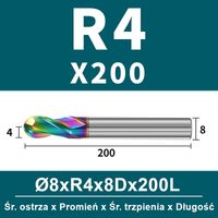 Frez kulowy, kula 2-ostrzowy VHM powłoka DLC Rozmiar: Ø8.0xR4x8Dx200L