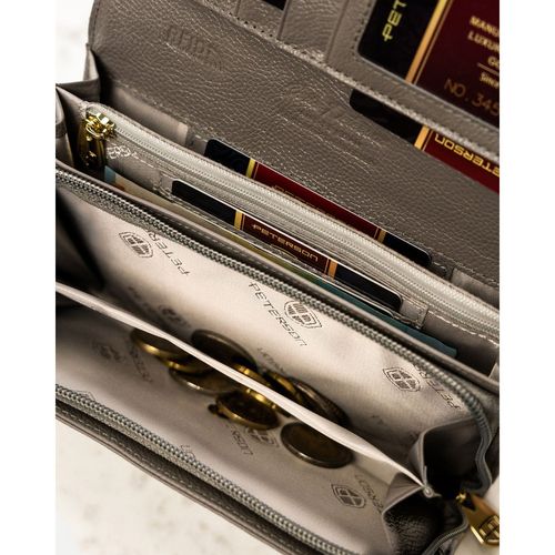 pojemny portfel damski ze skóry naturalnej w srebrnym kolorze zamykany na Arena.pl