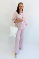 Pudrowo Różowy Komplet Bluzka i Spodnie na Lato 42