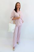 Pudrowo Różowy Komplet Bluzka i Spodnie na Lato 42