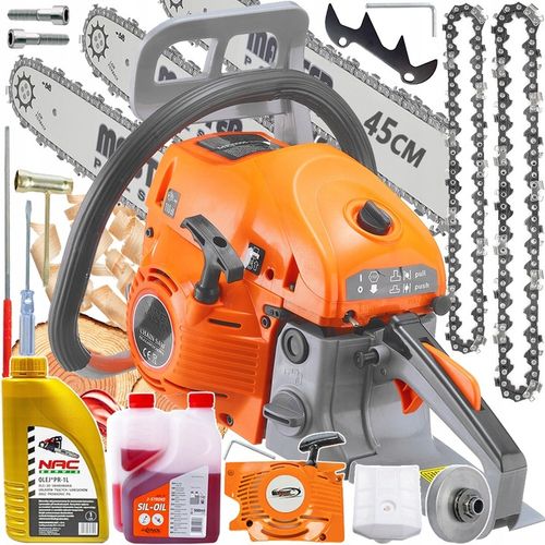 PIŁA SPALINOWA PILARKA ŁAŃCUCHOWA DO DREWNA 2X ŁAŃCUCH 2X PROWADNICA 2xOLEJ na Arena.pl