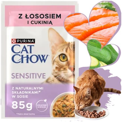 karma mokra dla wrażliwych kotów cat chow sensitive łosoś z cukinią 85 g na Arena.pl