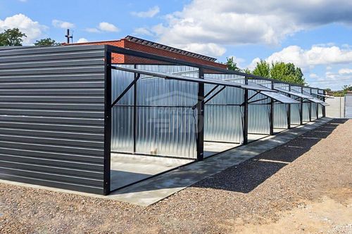 Rząd garaży 24x5m + wiata 2m - 8x brama uchylna dach spad w przód GP488 na Arena.pl