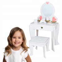 Toaletka drewniana dla dziewczynki duża kosmetyczka taboret z akcesoriami