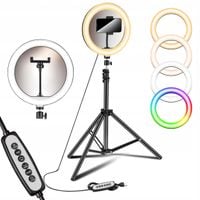 LAMPA PIERŚCIENIOWA RING LED RGB STATYW DO ZDJĘĆ SELFIE MAKIJAŻU USB ZESTAW