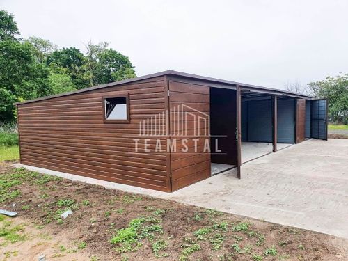 GARAŻ BLASZANY 12m x 5m poziom - spad tył 4x Brama - ciemny orzech TS224 12x5 na Arena.pl