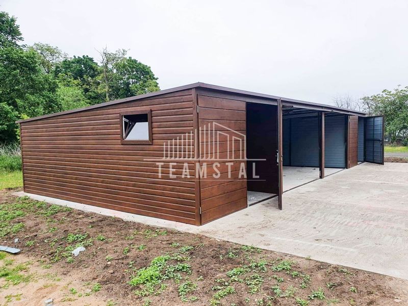 GARAŻ BLASZANY 12m x 5m poziom - spad tył 4x Brama - ciemny orzech TS224 12x5 zdjęcie 6