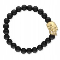 MATOWA SREBRNA POZŁACANA BRANSOLETKA ONYX Z CZASZKĄ ROZMIAR L-19 CM