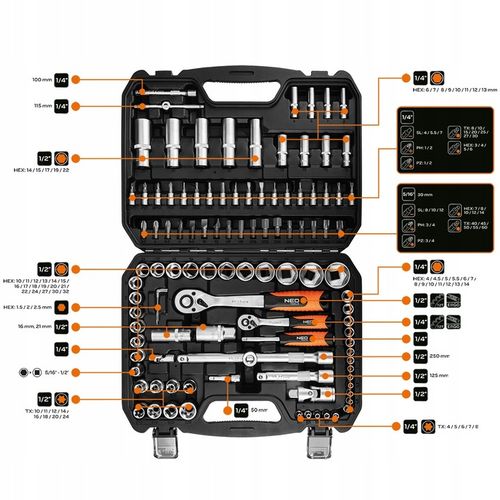 NEO TOOLS Zestaw Kluczy Nasadowych 108 el. 1/2" 1/4" Walizka Stal CrV na Arena.pl