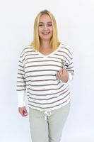 Biało-Beżowa Bluza Damska w Paski z Broszą Miś L/XL