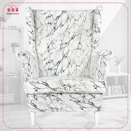 Fotel uszak ARI PRINT z podnóżkiem, skandynawski  marmurek na Arena.pl