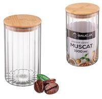 Pojemnik szklany z bambusową pokrywką ryflowany 1L na kawę herbatę cukier