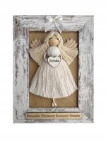 ANIOŁEK MAKRAMA W PRZECIERANEJ RAMCE NA PIERWSZĄ KOMUNIĘ I CHRZEST PAMIĄTKA