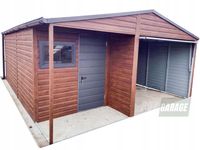 GARAŻ BLASZANY 5m x 6m wnęka - dwuspad Brama uchylna + pomieszczenie gospodarcze - ciemny orzech - dodatkowe drzwi  BOX111