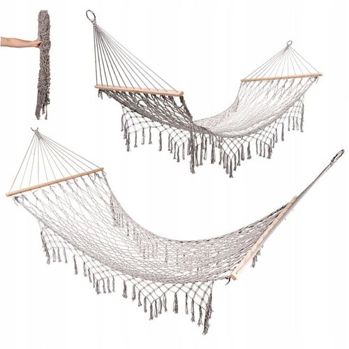 HAMAK OGRODOWY SIATKA MAKRAMA WISZĄCY LEŻAK BOHO FRĘDZLE 200 CM SZARY DUŻY na Arena.pl