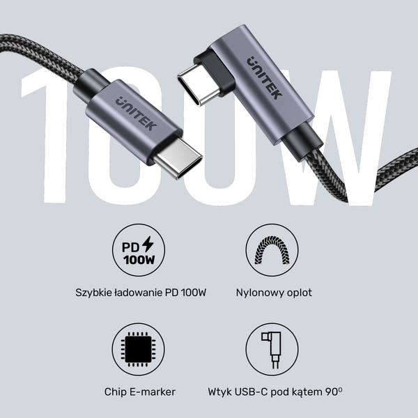 Unitek Kabel USB-C kątowy 90° PD100W 5m zdjęcie 5